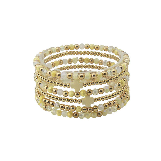 Set of 5 Gold and Yellow Crystal with Cross Stretch Bracelets