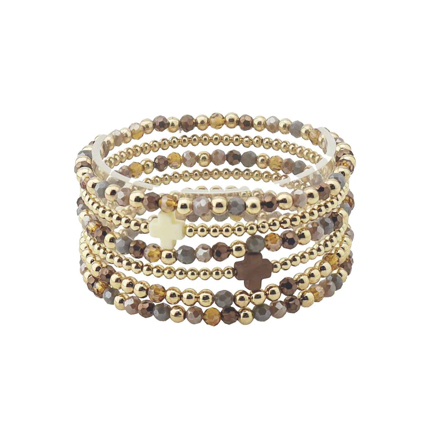 Brown Crystal and Gold Beaded Set of 5 with Crosses Stretch Bracelet
