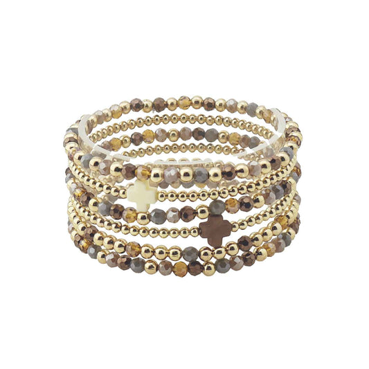 Brown Crystal with Gold and Cross Set of 6 Stretch Bracelets
