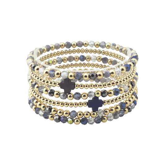 Navy Multi Crystal with Gold and Cross Set of 6 Stretch Bracelets