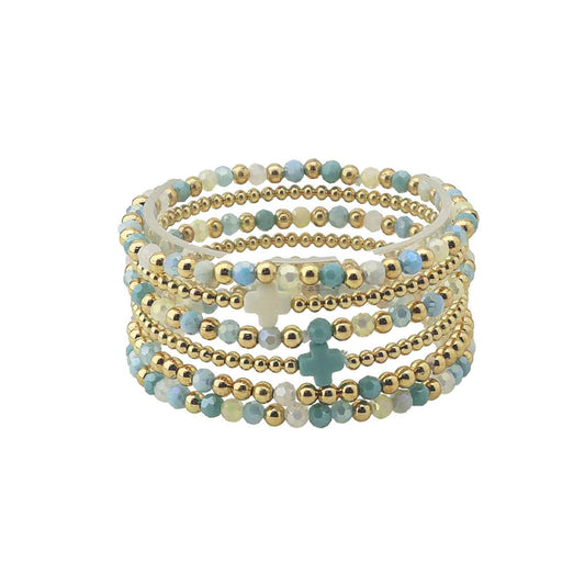 Set of 5 Gold and Turquoise Multi Crystal with Cross Stretch Bracelets