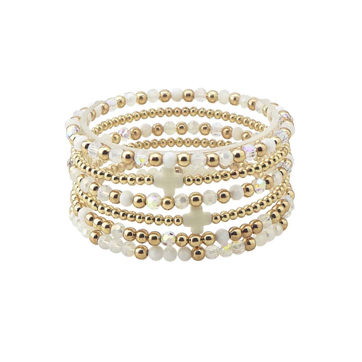 Set of 5 Gold and White Crystal with Cross Stretch Bracelets