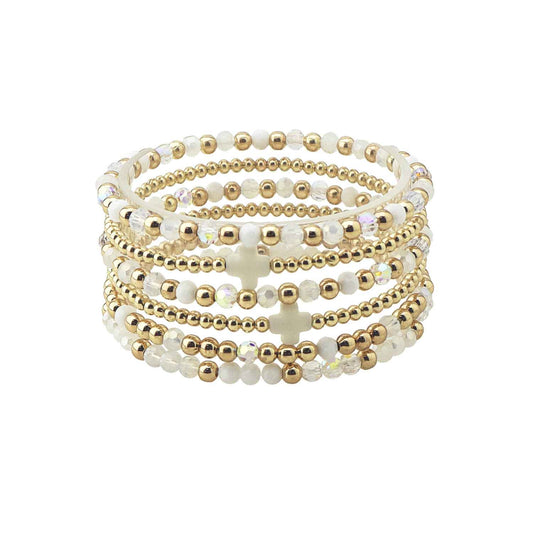Set of 5 Gold and White Crystal with Cross Stretch Bracelets