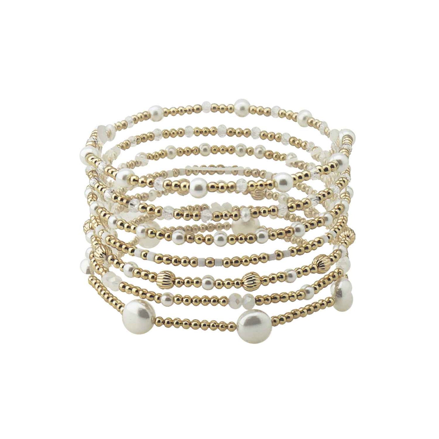 Set of 7 Gold Beaded and Pearl Stretch Bracelets