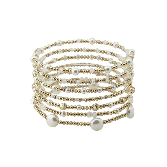 Set of 7 Gold Beaded and Pearl Stretch Bracelets