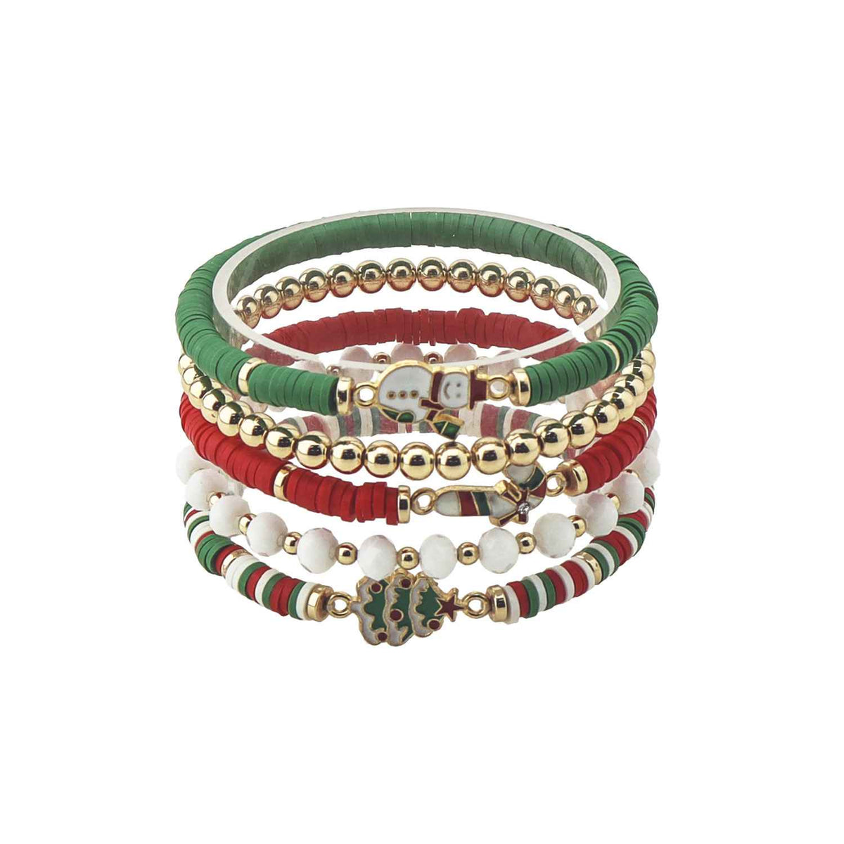 Green, Red, and White Christmas Set of 5 Stretch Bracelet