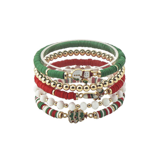 Green, Red, and White Christmas Set of 5 Stretch Bracelet