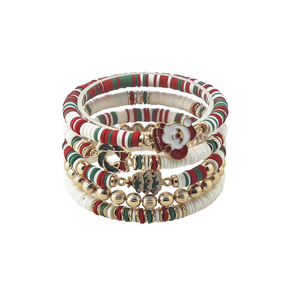 Green, Red, and White Christmas Set of 5 Stretch Bracelet