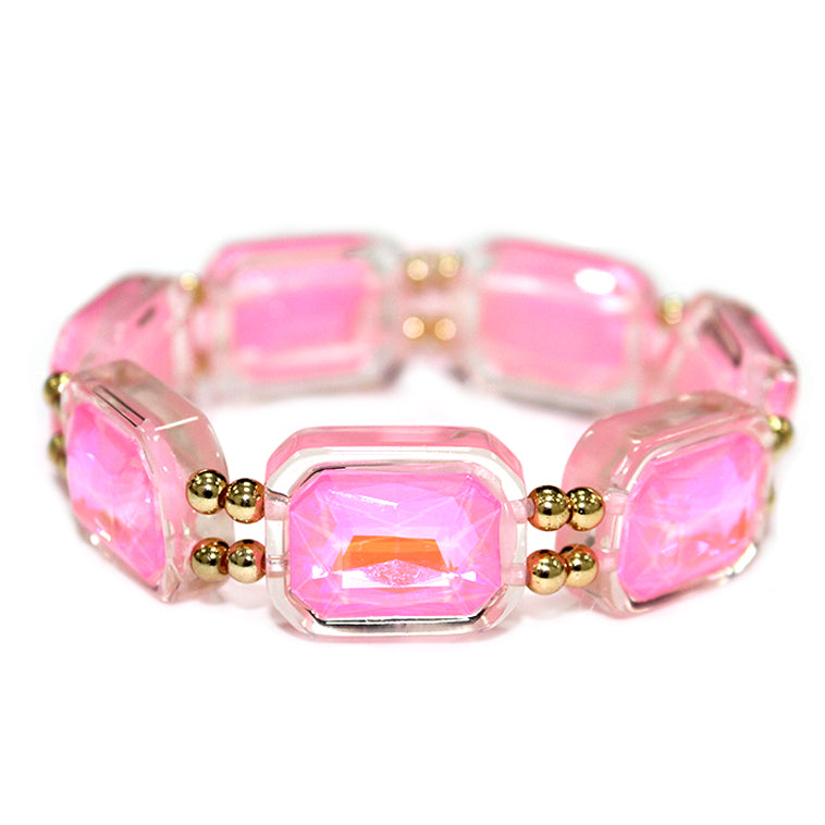 Pink Opal Crystal Rectangle and Gold Stretch Bracelet