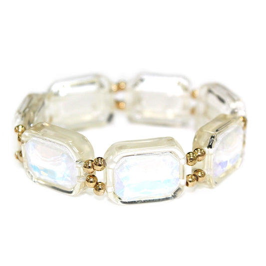 White Opal Crystal Rectangle and Gold Stretch Bracelet