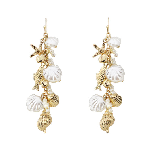Gold Sealife and Pearl Charm 2" Earring
