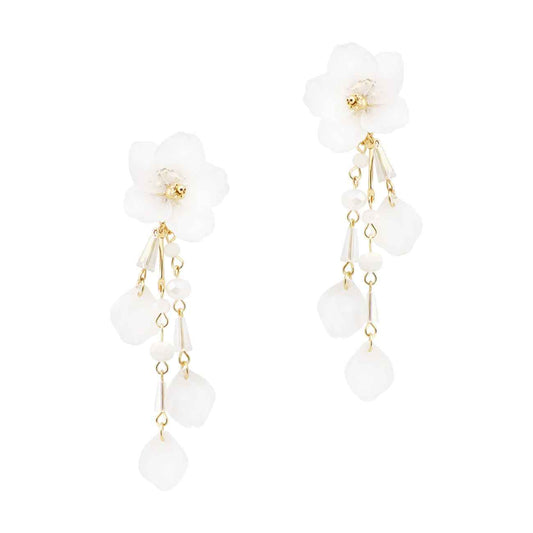 White Crystal Flower with Drops 3" Earring