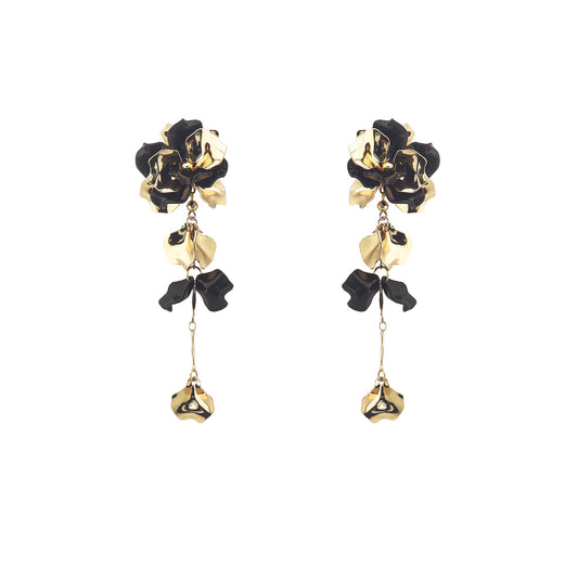 Black Acrylic Flower and Gold 3" Drop Earring