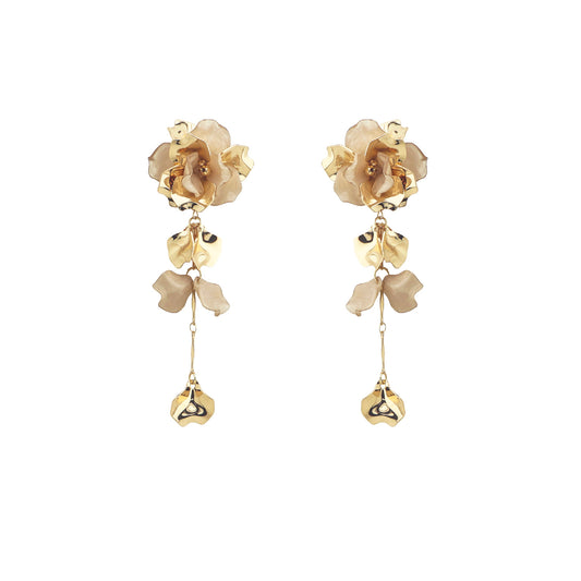 Cream/Brown Acrylic Flower and Gold 3" Drop Earring