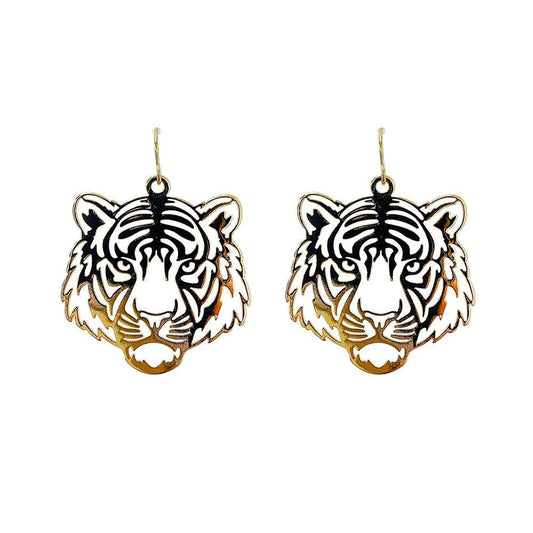 Gold Thin Metal Stamped Tiger 2" Earring