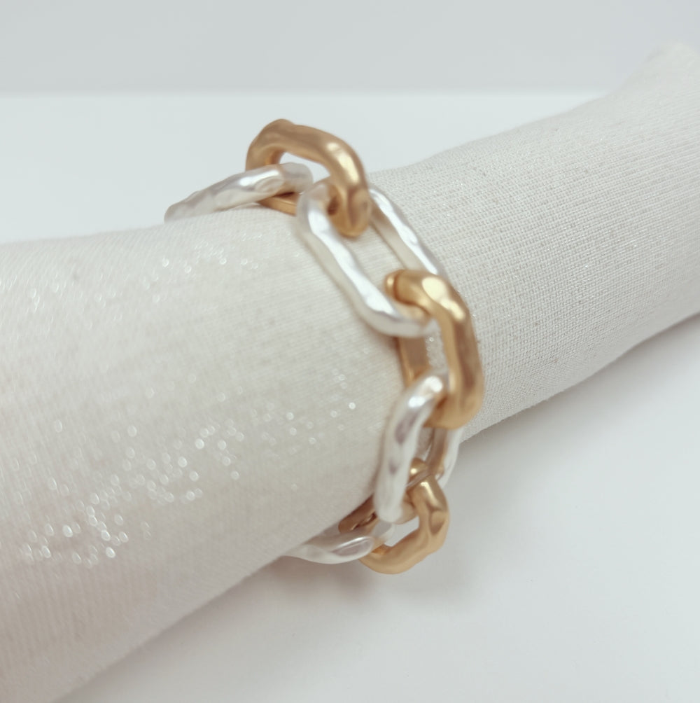 Hammered Gold and Silver Open Chain Stretch Bracelet