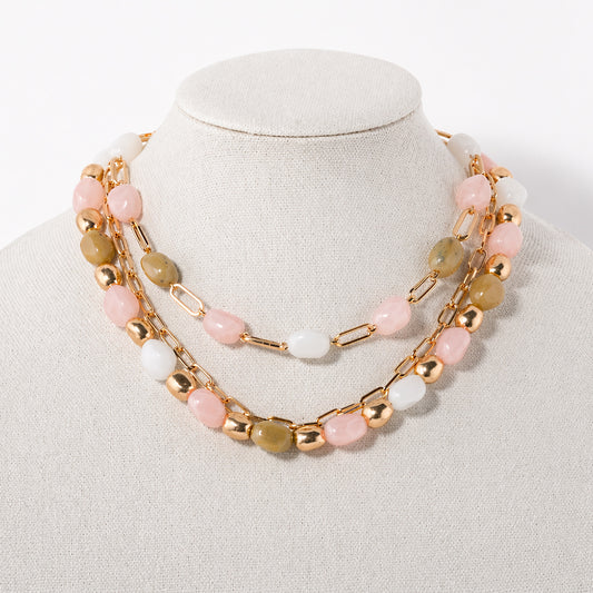 White, Pink, and Natural Stone with Gold Chain Layered 16"-18"Necklace
