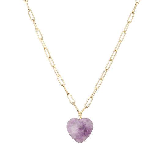 Gold Chain with Purple/Lavender Natural Stone Heart 16"-18" Necklace