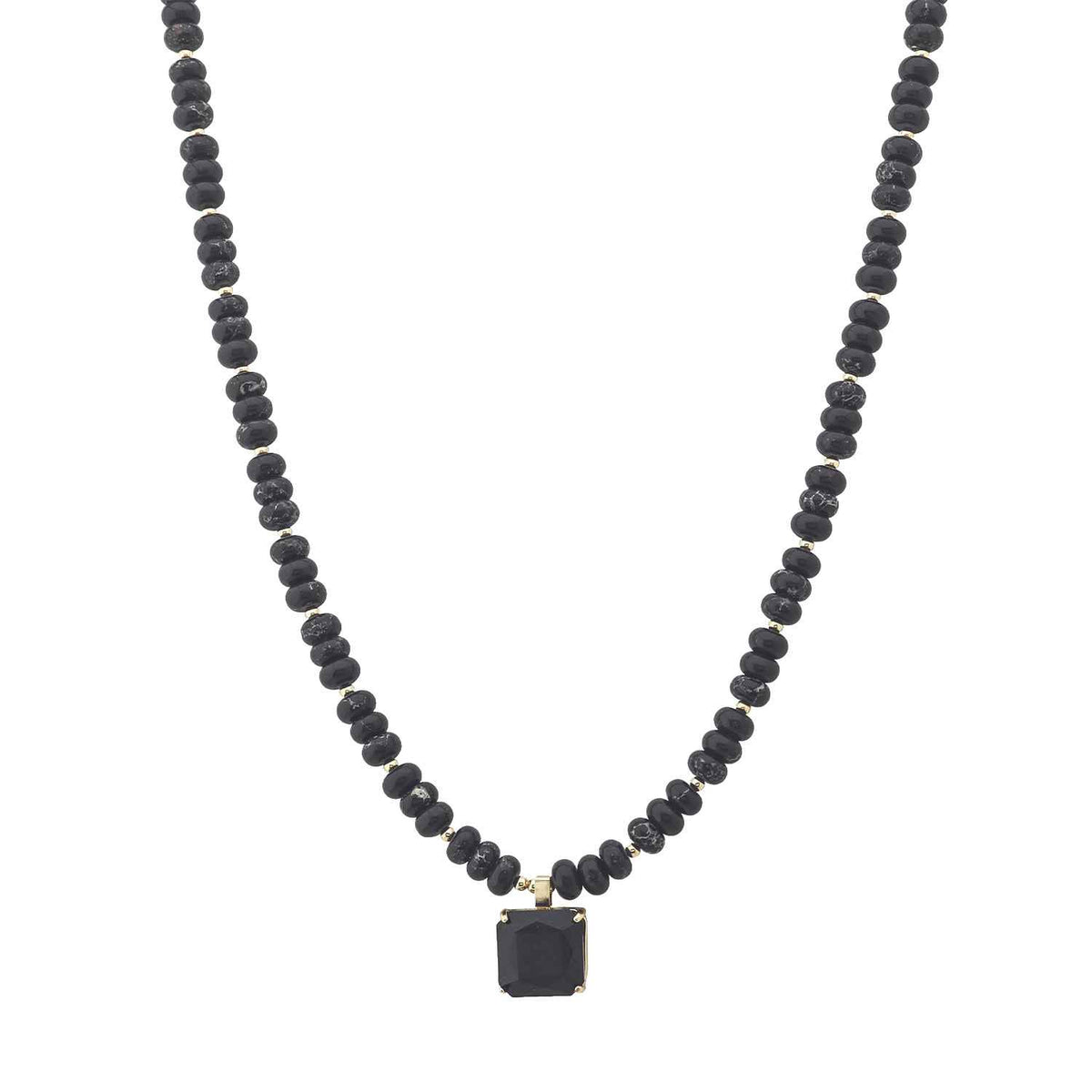 Black Crystal Beaded with Black Square Crystal Charm 16"-18" Necklace