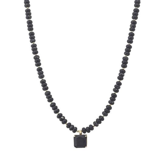 Black Crystal Beaded with Black Square Crystal Charm 16"-18" Necklace
