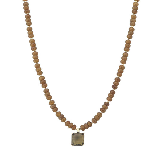 Brown Crystal Beaded with Brown Square Crystal Charm 16"-18" Necklace