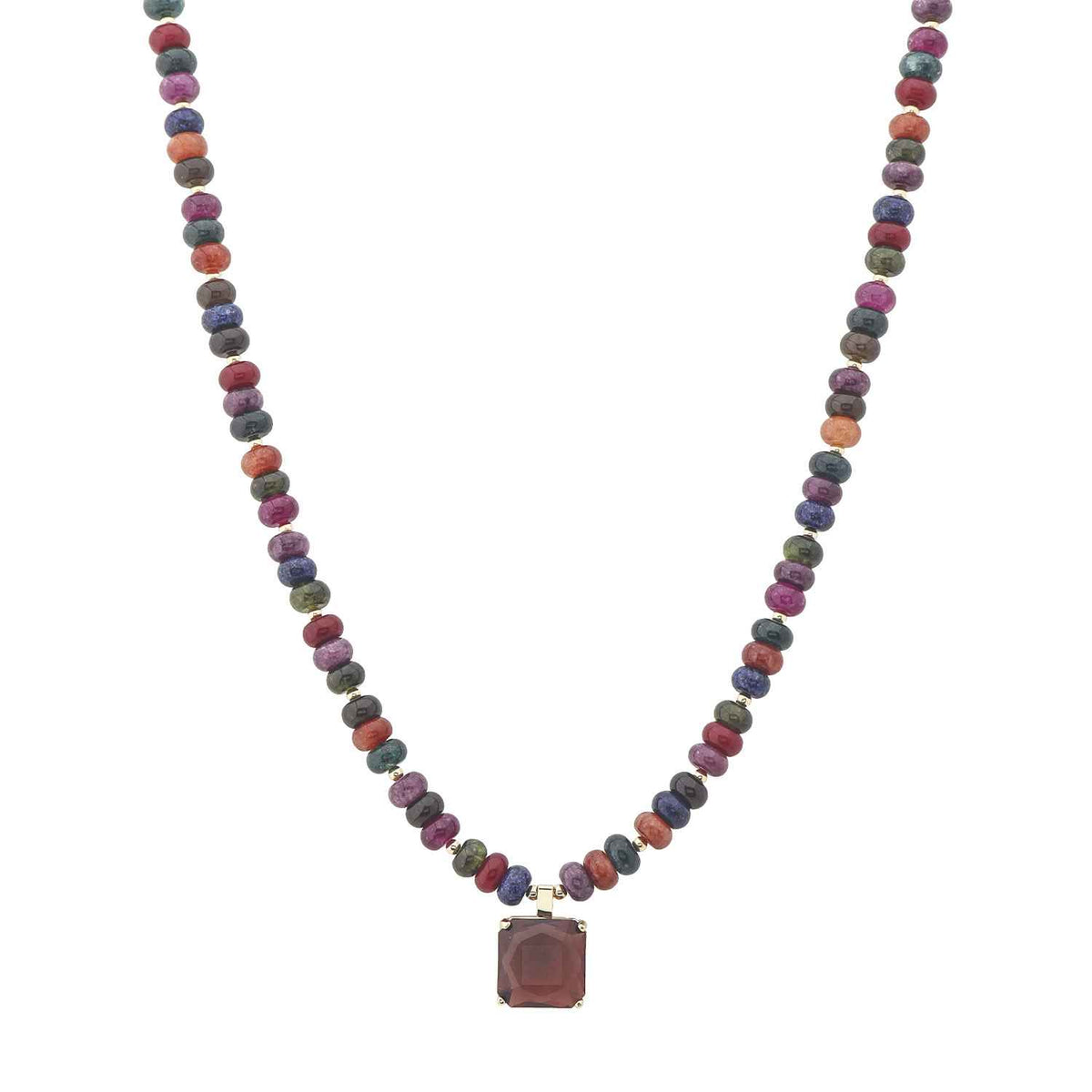 Dark Multi Crystal Beaded with Brown Square Crystal Charm 16"-18" Necklace
