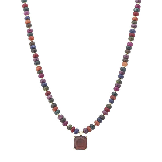 Dark Multi Crystal Beaded with Brown Square Crystal Charm 16"-18" Necklace