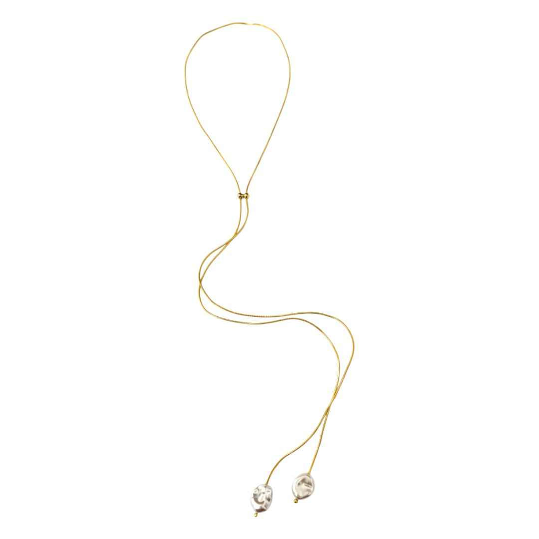 Thin Gold Necklace with Freshwater Pearl Lariet Necklace