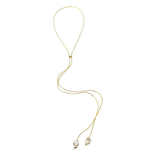 Thin Gold Necklace with Freshwater Pearl Lariet Necklace