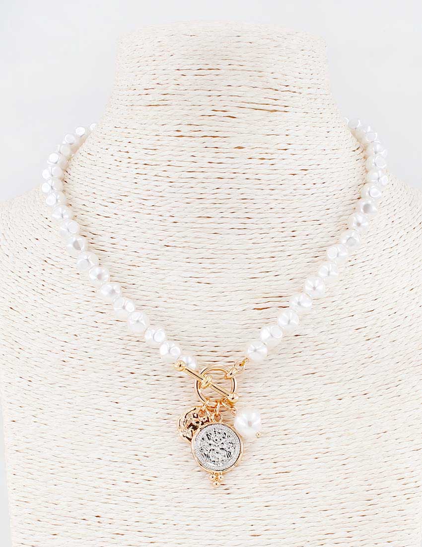 Freshwater Pearl with Gold and Silver Coin Drop 16"-18" Necklace