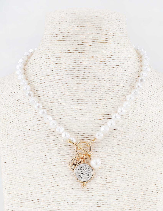Freshwater Pearl with Gold and Silver Coin Drop 16"-18" Necklace