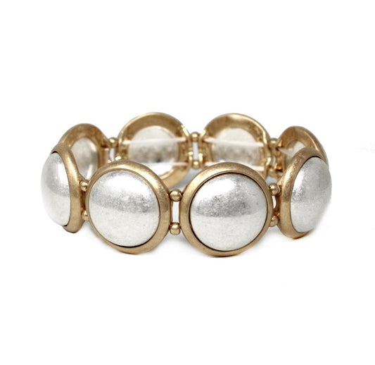 Worn Silver with Gold Outline Circle Stretch Bracelet
