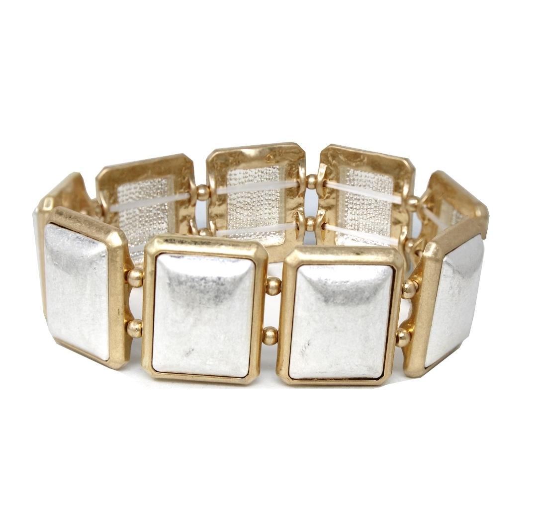 Worn Silver with Gold Outline Square Stretch Bracelet