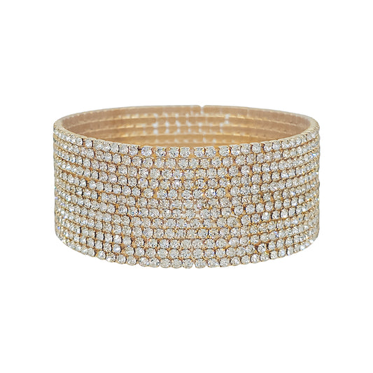 Clear Crystal and Gold Set of 12 Thin Stretch Bracelets