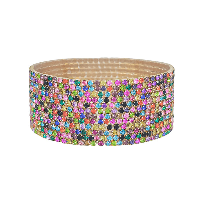 Multi Color Crystal and Gold Set of 12 Thin Stretch Bracelets