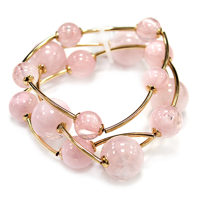 Pink Beaded with Gold Bar Set of 3 Stretch Bracelet