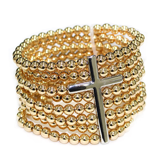 Gold Beaded with Cross Stretch Bracelet Set