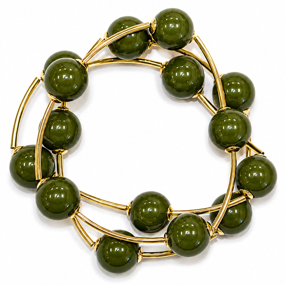Olive Green with Gold Bar Set of 3 Stretch Bracelet