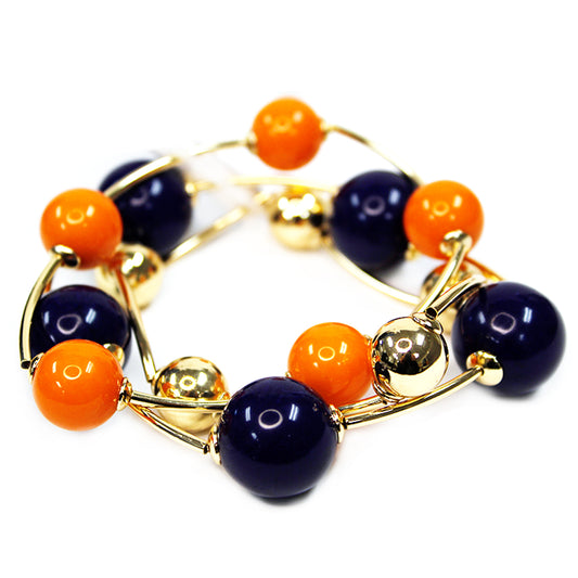 Navy and Orange with Gold Ball Set of 2 Stretch Bracelets