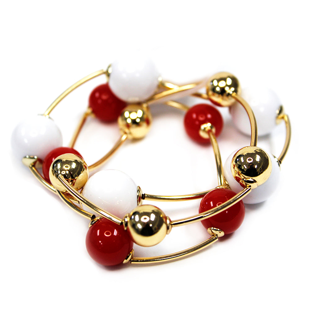 Red and White with Gold Ball Set of 2 Stretch Bracelets