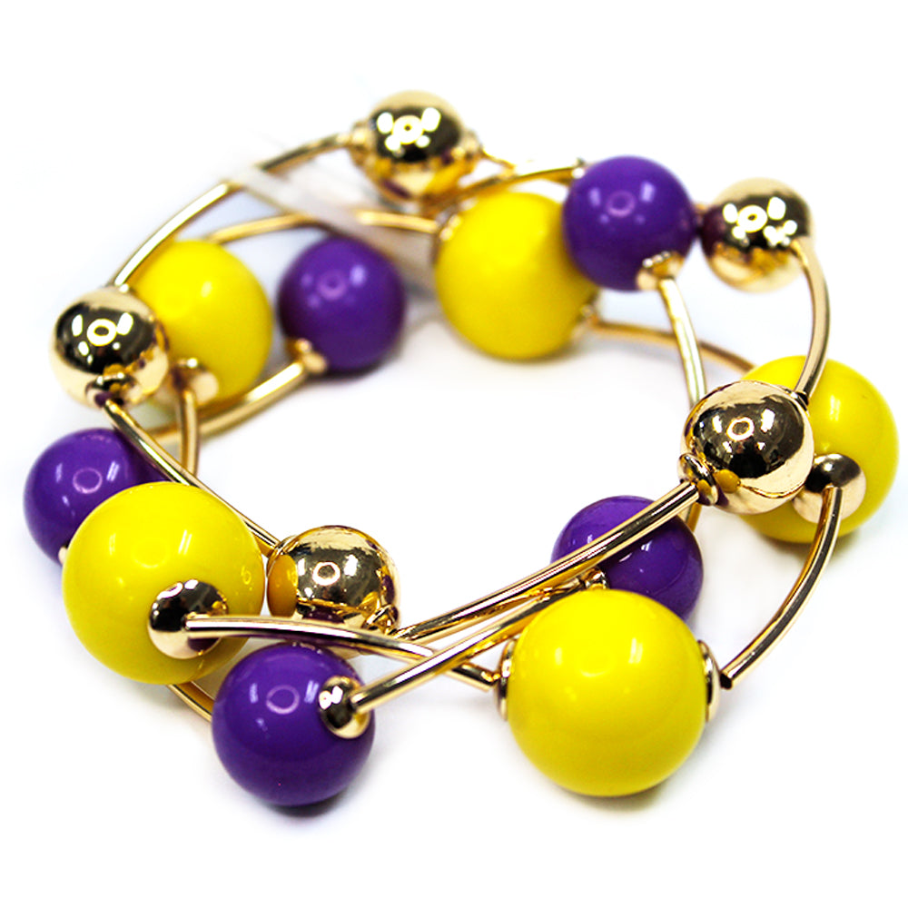 Purple and Yellow with Gold Ball Set of 2 Stretch Bracelets