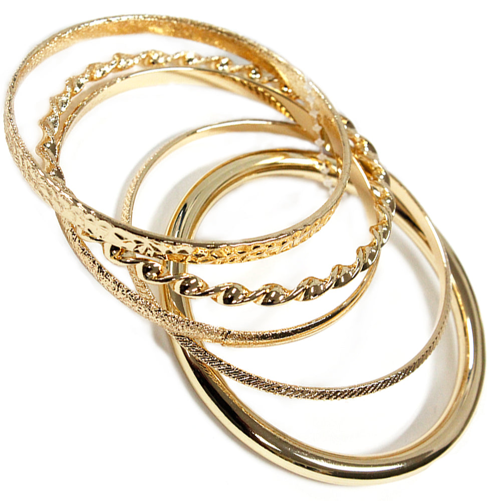 Set of 5 Thin Textured Gold Bangle Bracelets