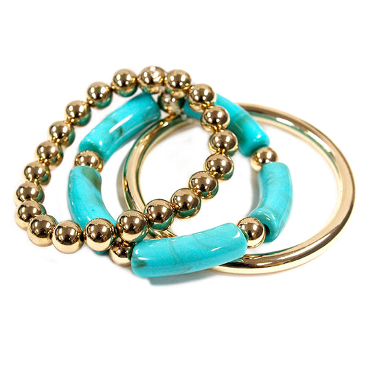 Set of Three Turquoise Acrylic and Gold Stretch Bracelet Set