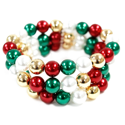 Set of Three Red, White, Green Christmas Beaded Stretch Bracelets