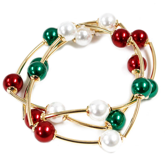 Red, White, and Green with Gold Bar Set of 3 Stretch Bracelet