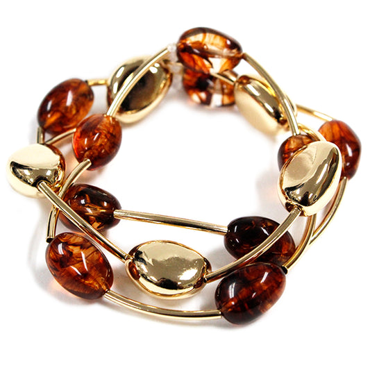 Set of Three Brown Acrylic and Gold Stretch Bracelet Set