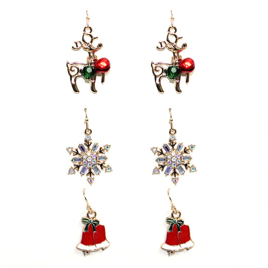 Set of 3 Christmas Rhinestone Drop Earrings