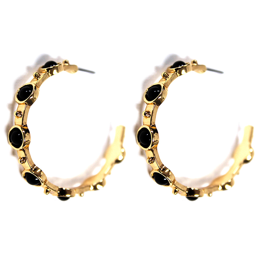 Hammered Gold 2" Hoop with Black Studded Stone Earring