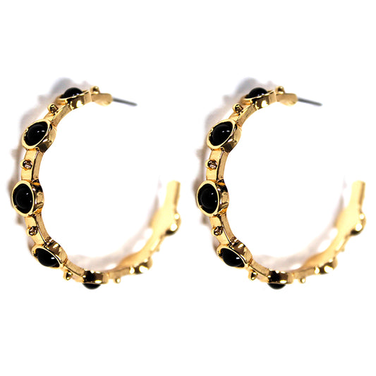 Hammered Gold 2" Hoop with Black Studded Stone Earring