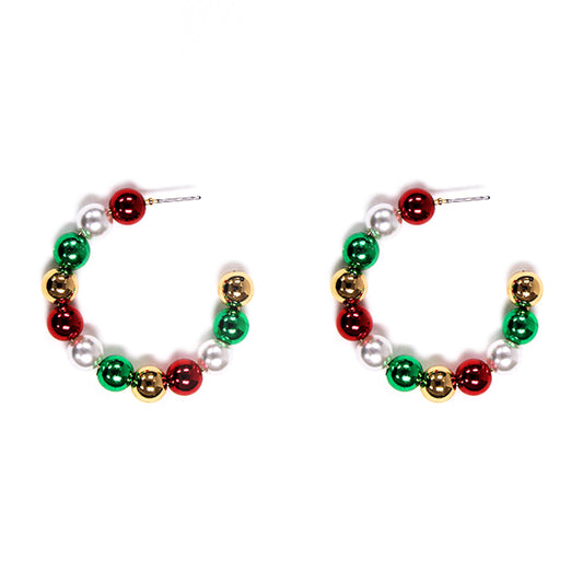 Set of Three Red, White, Green Christmas Beaded 1" Hoop Earring